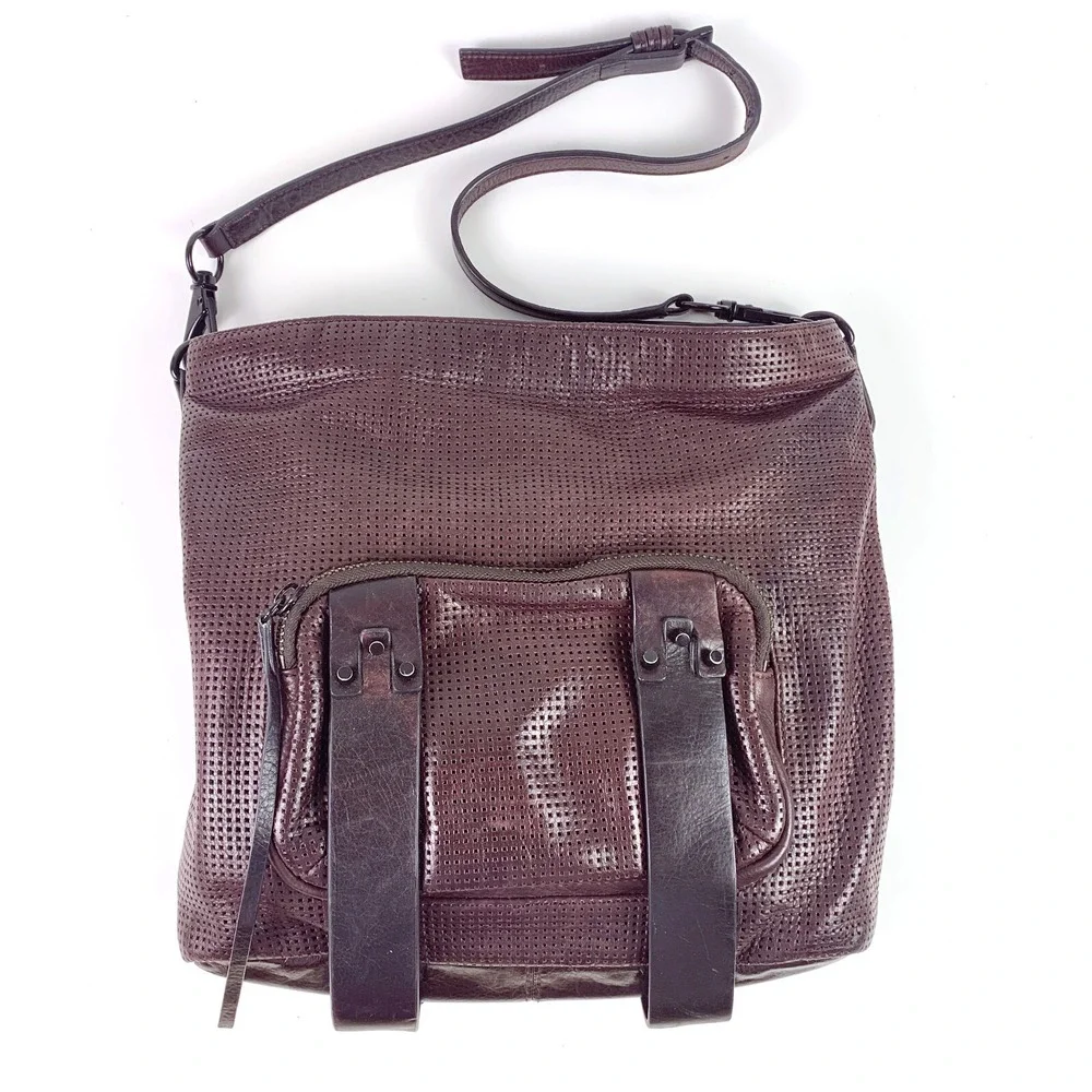 She + Lo Burgundy Perforated Leather Hobo Bucket Crossbody Shoulder Bag Edgy SEE